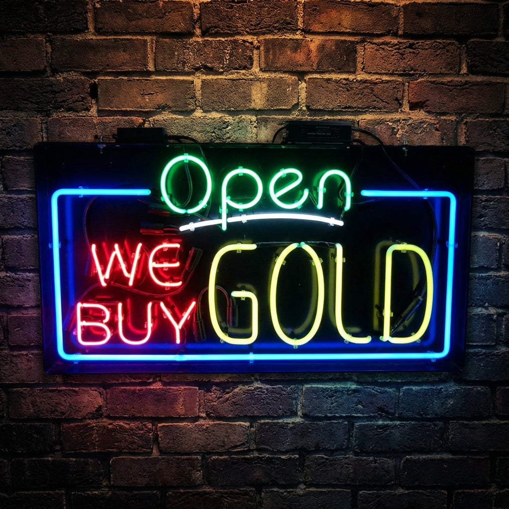 Neon sign on a brick wall that reads 'Open We Buy Gold'.